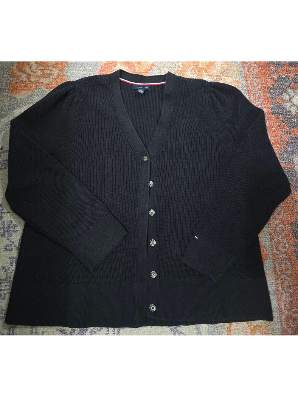 Tommy Hilfiger Black Ribbed Knit V-Neck Button Cardigan Sweater